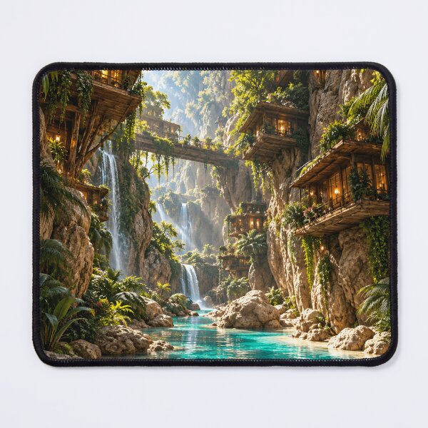 Item preview, Cliffside Treehouse Village Fantasy Waterfall Landscape designed and sold by IRON SIREN.