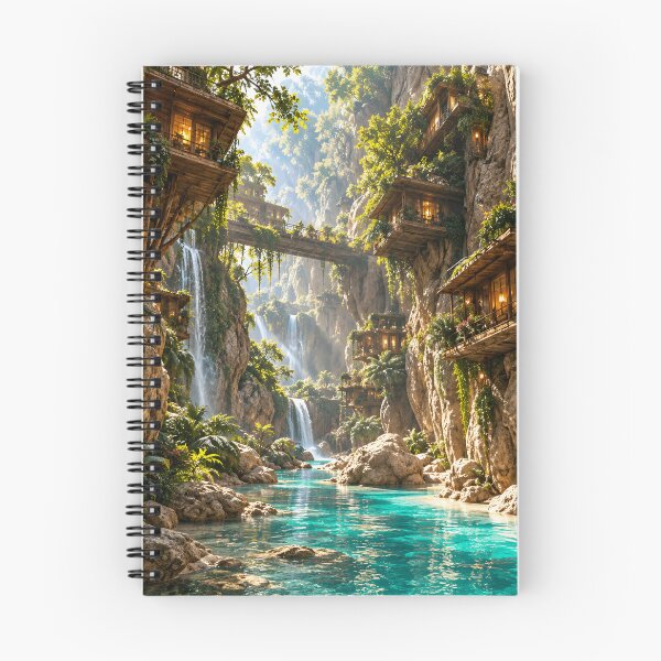 Item preview, Cliffside Treehouse Village Fantasy Waterfall Landscape designed and sold by IRON SIREN.