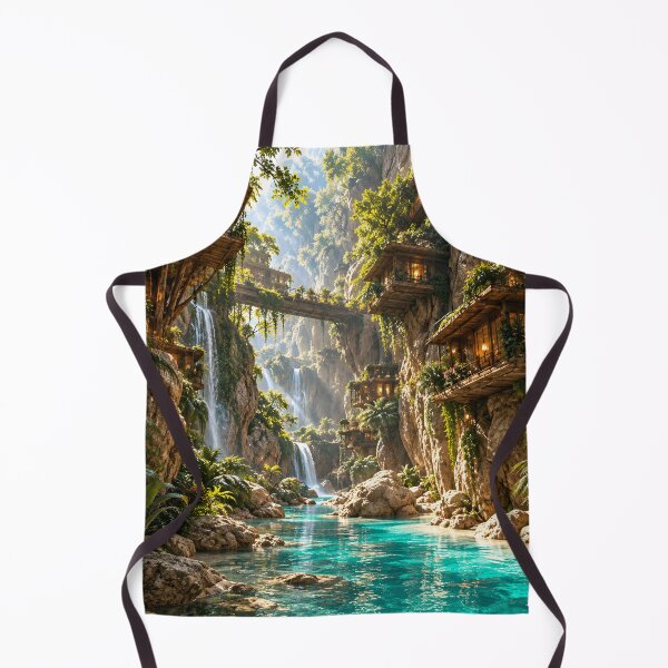 Item preview, Cliffside Treehouse Village Fantasy Waterfall Landscape designed and sold by IRON SIREN.