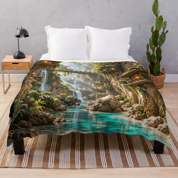 Item preview, Cliffside Treehouse Village Fantasy Waterfall Landscape designed and sold by IRON SIREN.