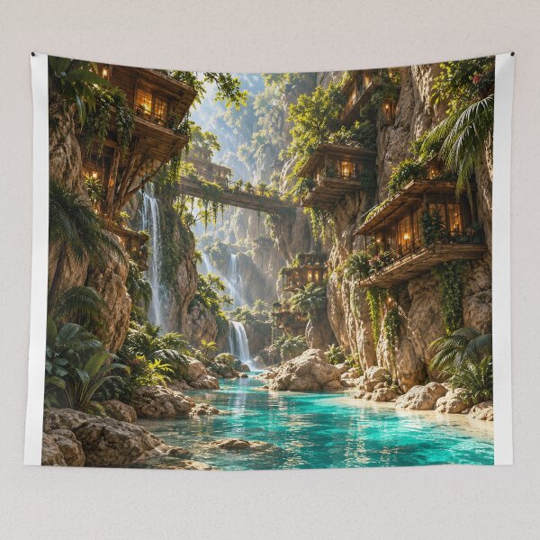 Item preview, Cliffside Treehouse Village Fantasy Waterfall Landscape designed and sold by IRON SIREN.