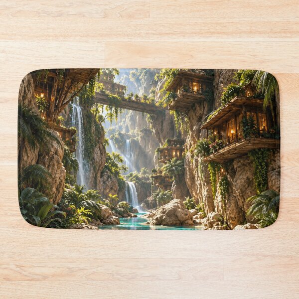 Item preview, Cliffside Treehouse Village Fantasy Waterfall Landscape designed and sold by IRON SIREN.