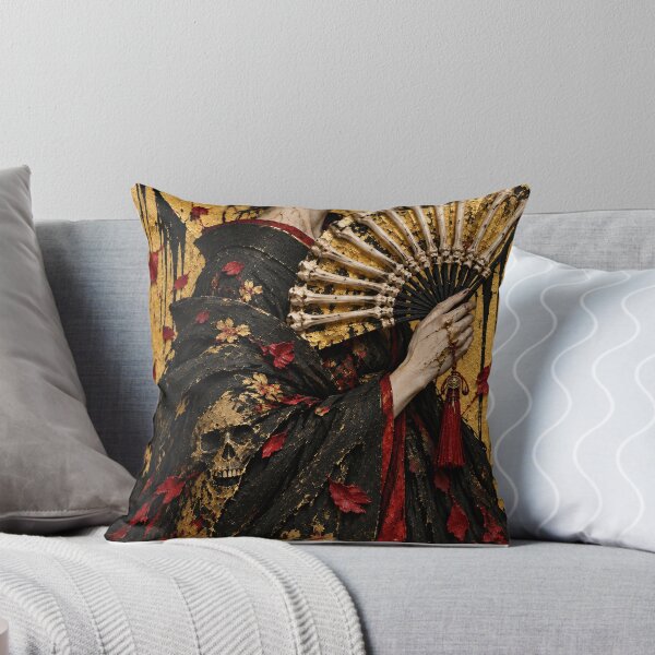 Item preview, Black Kimono Woman Holding a Bone-Motif Gold Fan designed and sold by MouradStudio.