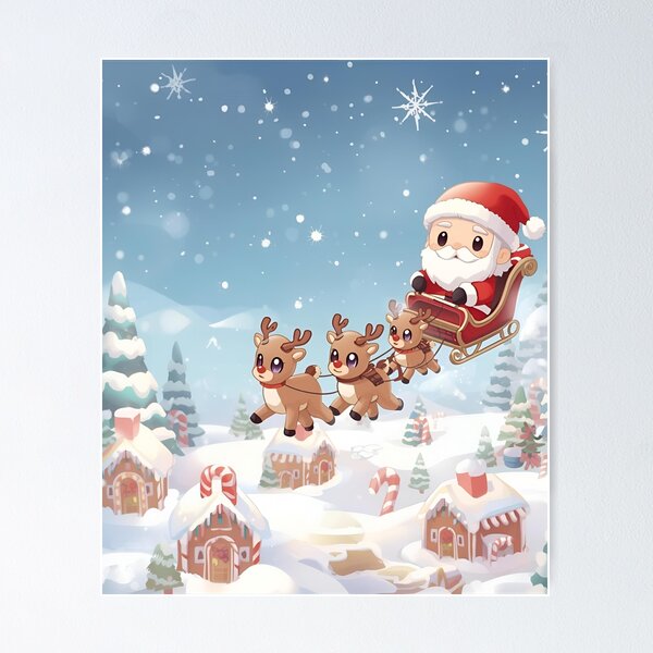 Item preview, Kawaii Santa and Reindeer Sleigh Ride Over Gingerbread Village designed and sold by VibranPalette.
