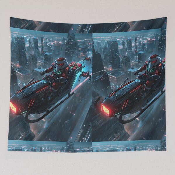 Item preview, Cyberpunk Santa on a Futuristic Sleigh Over Neo-City designed and sold by VibranPalette.