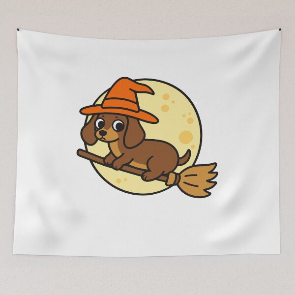 Item preview, Cute Halloween Weenie Dog on Broomstick with Witch Hat designed and sold by gunaone-design.