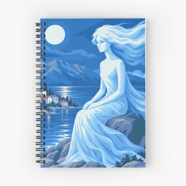 Item preview, Moonlight by the Sea Art, Mediterranean Woman Print, Blue Coastal Decor, Ethereal Woman Print, Seaside Art, Dreamy Ocean Artwork designed and sold by Studio pod Burom.