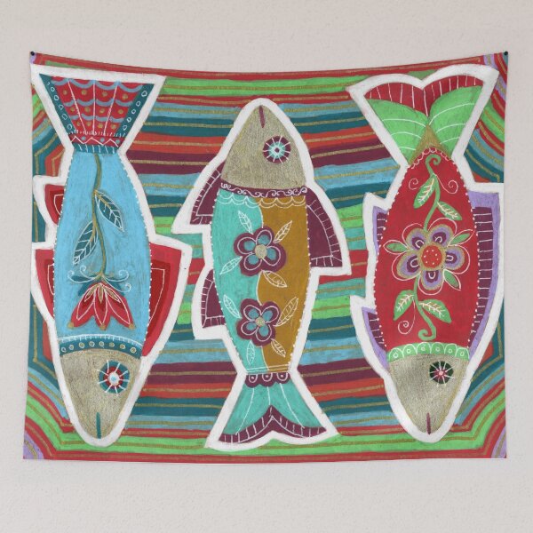 Item preview, Folk Embroidery Fish Trio with Flowers designed and sold by Fani*.