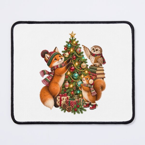 Item preview, Woodland Animals Decorating Christmas Tree Fox Owl Squirrel Holiday designed and sold by DYAFLK.