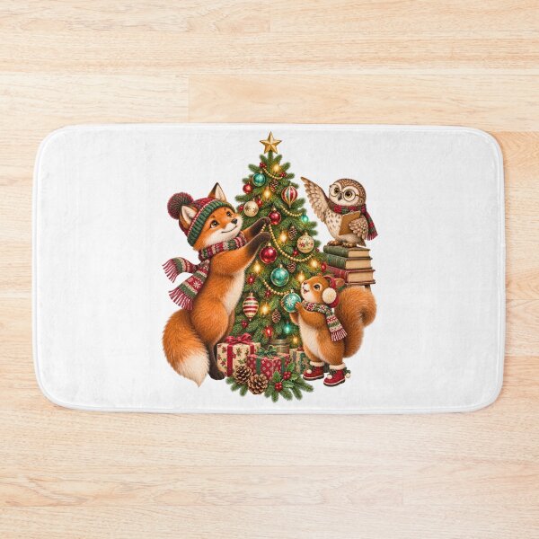 Item preview, Woodland Animals Decorating Christmas Tree Fox Owl Squirrel Holiday designed and sold by DYAFLK.