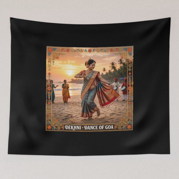 Item preview, Dekhni, Goa, Goan dance, traditional dance, folk dance, Goan culture, Konkani, Indian heritage, desi art, sunset dance, beach dance, Goan pride, Indian tradition, folk art, Goa souvenir designed and sold by Goanheartprints.