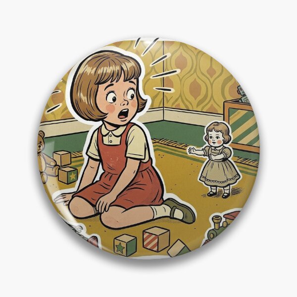 Item preview, Retro Comic Surprised Girl with Creepy Doll - Vintage Toys Pop Art Illustration designed and sold by Elite Wall Art.