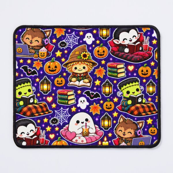 Item preview, Kawaii Halloween Cozy Characters Pattern – Cute Ghost, Frankenstein, Vampire, Pumpkins, Bats & Spider Webs designed and sold by ALH Apparel.