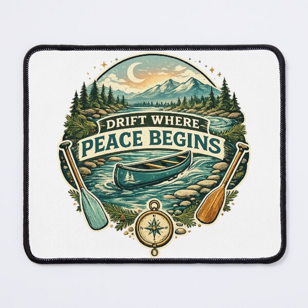 Item preview, Drift Where Peace Begins Canoe River Mountain Outdoor Adventure Art designed and sold by inkoutninja.