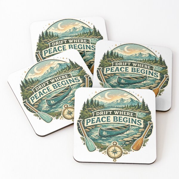 Item preview, Drift Where Peace Begins Canoe River Mountain Outdoor Adventure Art designed and sold by inkoutninja.