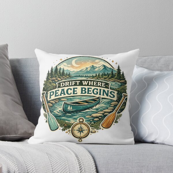 Item preview, Drift Where Peace Begins Canoe River Mountain Outdoor Adventure Art designed and sold by inkoutninja.