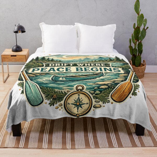 Item preview, Drift Where Peace Begins Canoe River Mountain Outdoor Adventure Art designed and sold by inkoutninja.