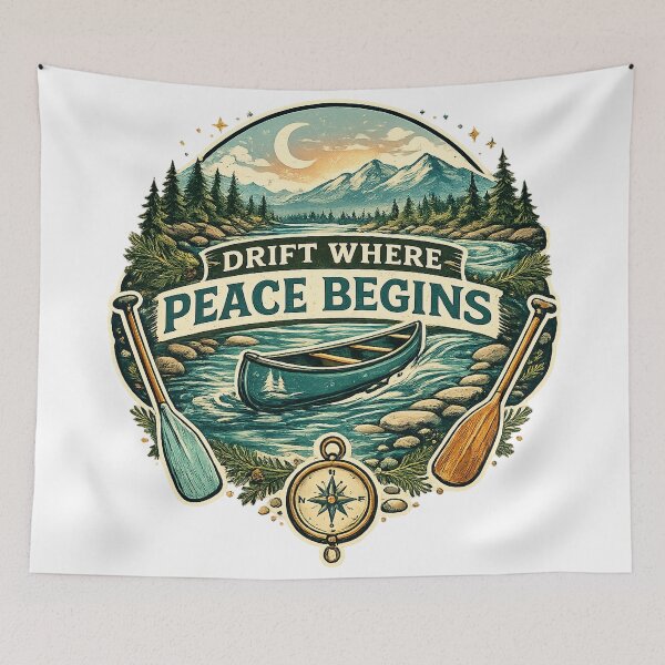 Item preview, Drift Where Peace Begins Canoe River Mountain Outdoor Adventure Art designed and sold by inkoutninja.