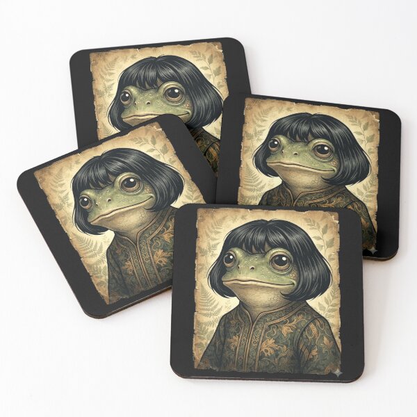 Item preview, Vintage Frog Woman Portrait with Black Bob Hair and Floral Robe designed and sold by MiALopezArt.