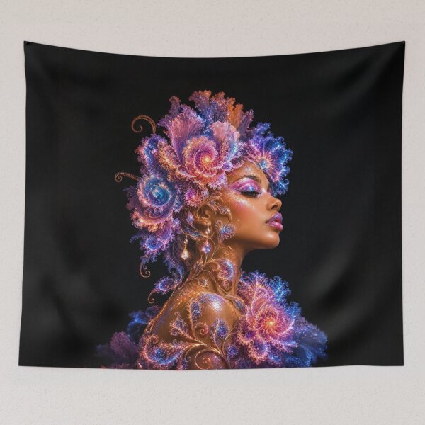 Item preview, Cosmic Fractal Goddess with Glowing Purple and Orange Floral Hair designed and sold by KingsArtworx 2.