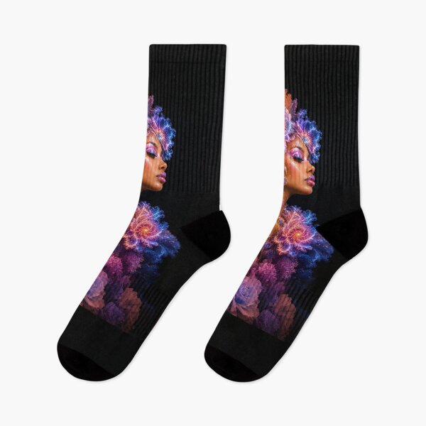 Item preview, Cosmic Fractal Goddess with Glowing Purple and Orange Floral Hair designed and sold by KingsArtworx 2.