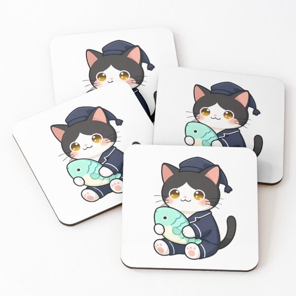 Item preview, Cute Tuxedo Cat in Classic Navy Pajamas Hugging Fish Pillow designed and sold by pumsquare.
