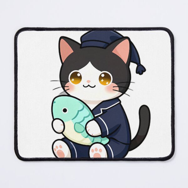 Item preview, Cute Tuxedo Cat in Classic Navy Pajamas Hugging Fish Pillow designed and sold by pumsquare.