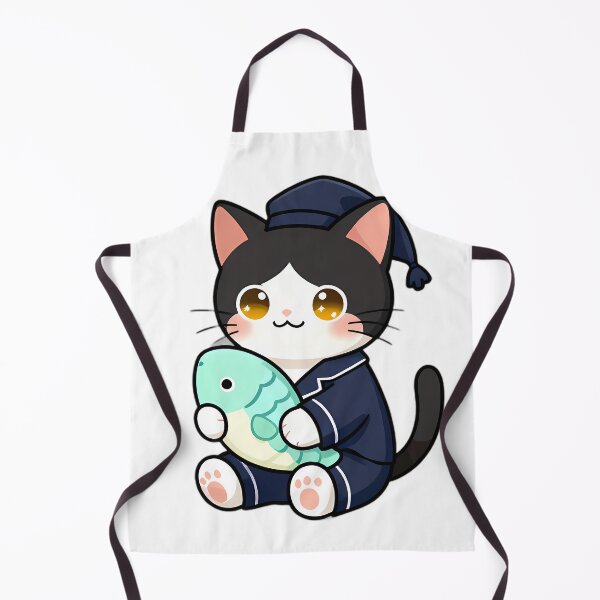Item preview, Cute Tuxedo Cat in Classic Navy Pajamas Hugging Fish Pillow designed and sold by pumsquare.