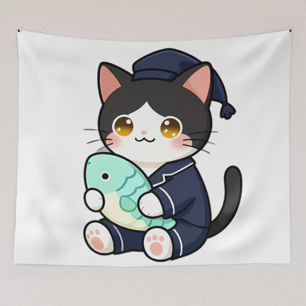 Item preview, Cute Tuxedo Cat in Classic Navy Pajamas Hugging Fish Pillow designed and sold by pumsquare.