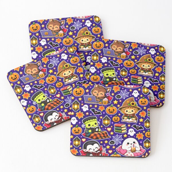 Item preview, Kawaii Halloween Cozy Characters Pattern – Cute Ghost, Frankenstein, Vampire, Pumpkins, Bats & Spider Webs designed and sold by ALH Apparel.