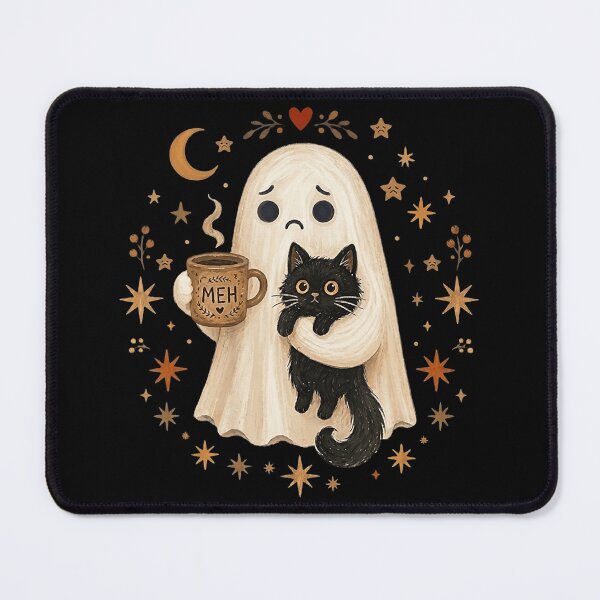 Item preview, Cozy Halloween Ghost Holding Black Cat and Coffee designed and sold by VioletNance.