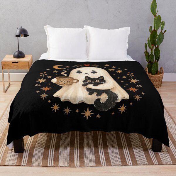 Item preview, Cozy Halloween Ghost Holding Black Cat and Coffee designed and sold by VioletNance.