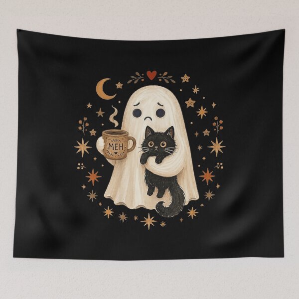 Item preview, Cozy Halloween Ghost Holding Black Cat and Coffee designed and sold by VioletNance.