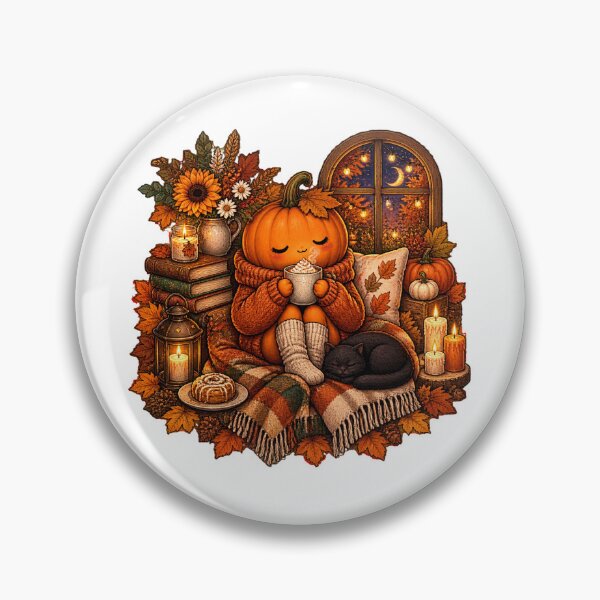 Item preview, Cute Cozy Fall Pumpkin Drinking Hot Cocoa Sticker  Autumn Hygge with Black Cat, Books, Candles designed and sold by FestivityFinds.