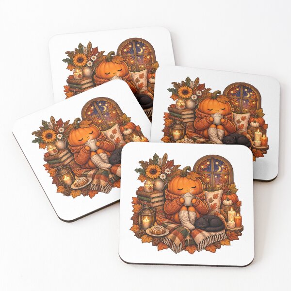 Item preview, Cute Cozy Fall Pumpkin Drinking Hot Cocoa Sticker  Autumn Hygge with Black Cat, Books, Candles designed and sold by FestivityFinds.