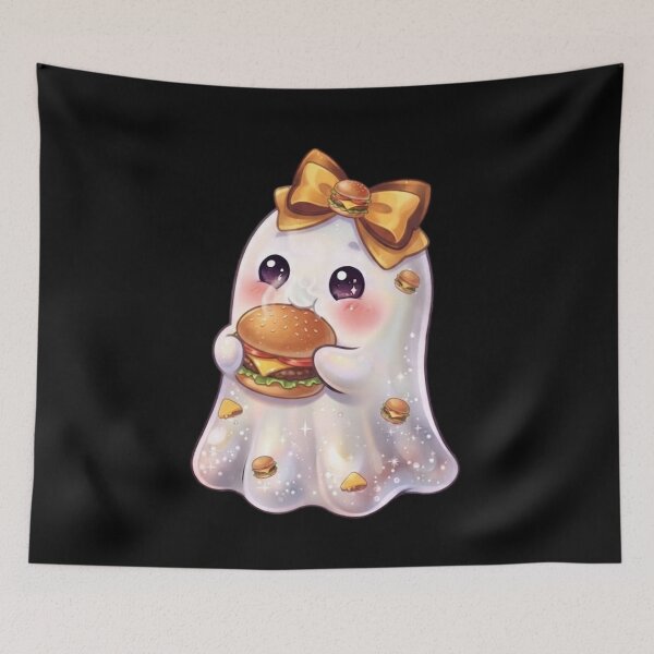 Item preview, Cute Kawaii Ghost Eating a Ham Burger Design /  Cheese Burger / Halloween / Foodie / T-shirts mugs stickers phone case hardcover journal poster designed and sold by TeenLake.