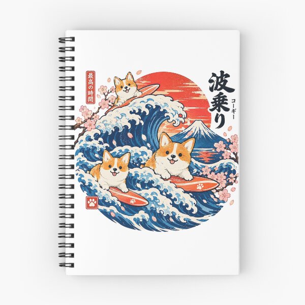 Item preview, Corgi Surfing on Great Wave With Mount Fuji and Cherry Blossoms in Ukiyo-e Style designed and sold by KanDa-Shop.