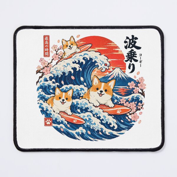 Item preview, Corgi Surfing on Great Wave With Mount Fuji and Cherry Blossoms in Ukiyo-e Style designed and sold by KanDa-Shop.