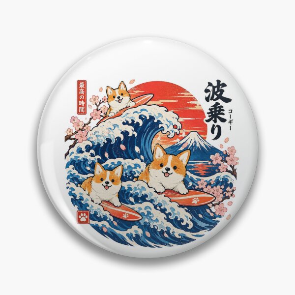 Item preview, Corgi Surfing on Great Wave With Mount Fuji and Cherry Blossoms in Ukiyo-e Style designed and sold by KanDa-Shop.