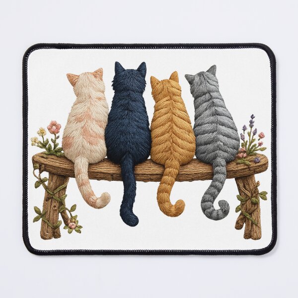 Item preview, Four Cats on a Bench Cat Lover Friendship Floral Cottagecore Art designed and sold by inkoutninja.