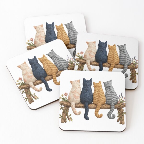 Item preview, Four Cats on a Bench Cat Lover Friendship Floral Cottagecore Art designed and sold by inkoutninja.