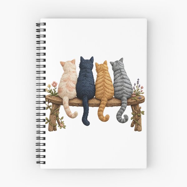 Item preview, Four Cats on a Bench Cat Lover Friendship Floral Cottagecore Art designed and sold by inkoutninja.