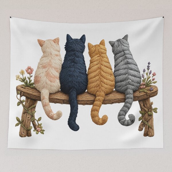 Item preview, Four Cats on a Bench Cat Lover Friendship Floral Cottagecore Art designed and sold by inkoutninja.