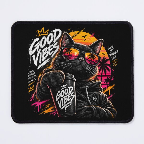 Item preview, Good Vibes Cat With Coffee Cup, Sunset Sunglasses, Palm Trees and Urban Hoodie Style designed and sold by KanDa-Shop.