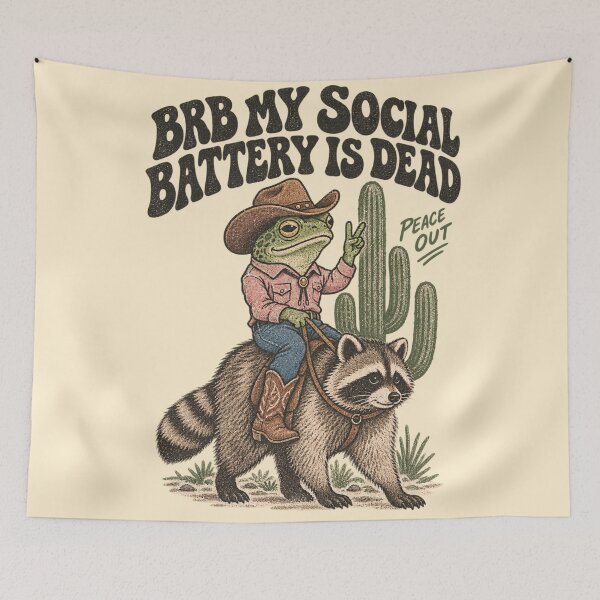 Item preview, Funny Cowboy Frog Riding Raccoon Social Battery Dead Meme designed and sold by Yellowriversss.