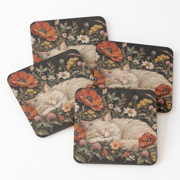 Item preview, Sleeping Cat in Wildflowers - Rustic Botanical Impasto Oil Painting designed and sold by Tootley.