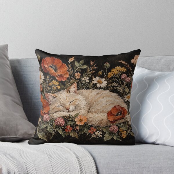 Item preview, Sleeping Cat in Wildflowers - Rustic Botanical Impasto Oil Painting designed and sold by Tootley.