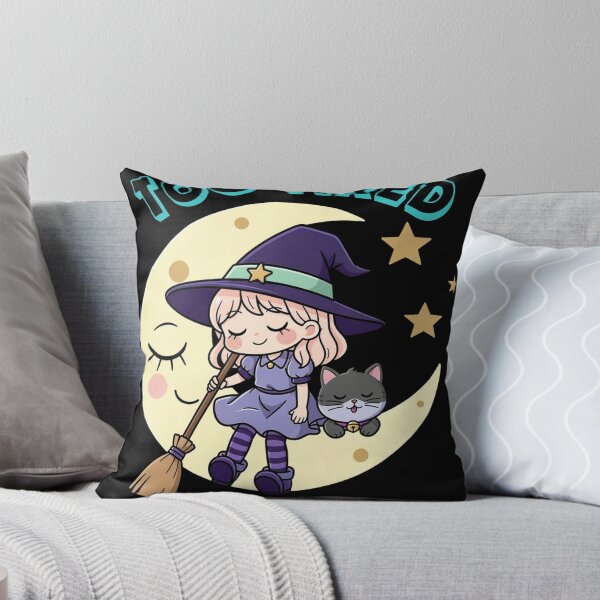 Item preview, Too Tired to Fly Cute Halloween Witch with Black Cat and Crescent Moon | Kawaii Sleepy Witchcore Magic Design designed and sold by Zenith-Co.
