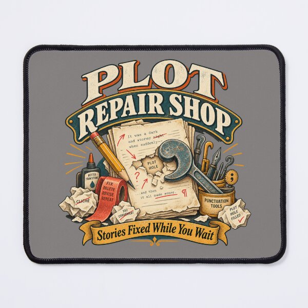 Item preview, Plot Repair Shop – Funny Retro Writer & Author Design designed and sold by Golden Era Studio.