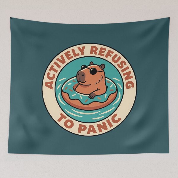 Item preview, Actively Refusing To Panic Capybara Retro Badge designed and sold by DripCultureLab.